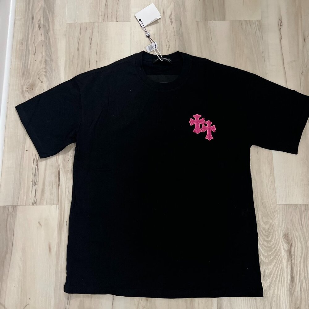 Black Men's Graphic Tee with Pink Cross Motif
